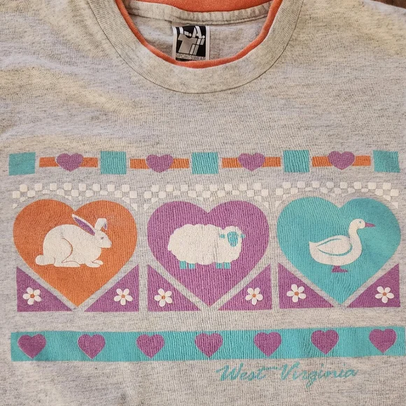 Vintage 90s Layered Rabbit Sheep Duck West Virginia Tee Easter - Picture 3 of 9